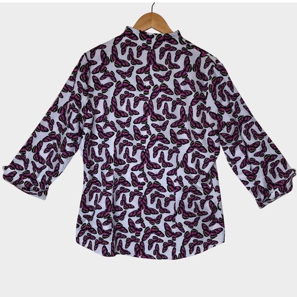 Foxcroft NYC Butterfly Print 3/4 Sleeve Button Down Fitted Top Size 14 - Picture 2 of 14
